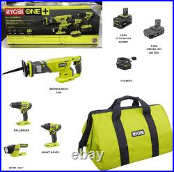 New RYOBI P1818 18V One+ Lithium-Ion 4-Tool Drill Saw Kit, 2 Batteries & Charger