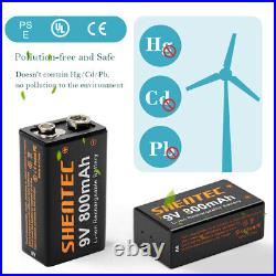 Shentec 4Pack 9V Block 800mAh 6F22 Lithium Li-ion 9 Volt Rechargeable Batteries